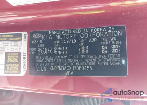 2017 Kia Sportage Lx z USA, uszkodzony, nr VIN KNDPM3ACXH7080455